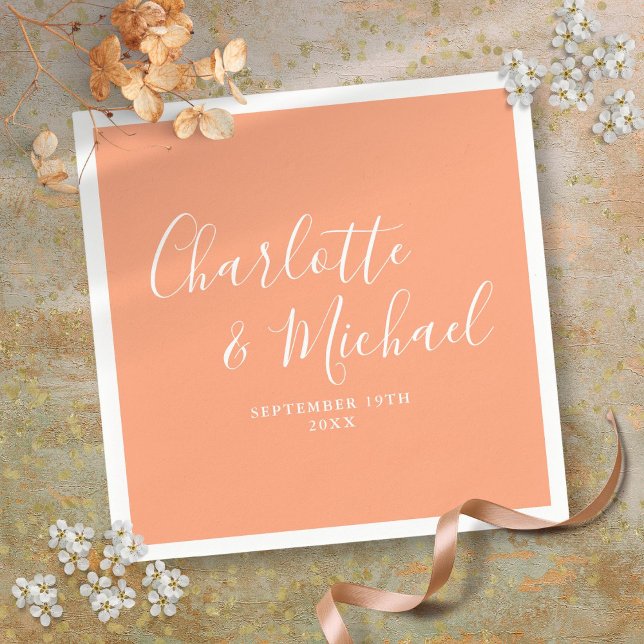 Peach Elegant Signature Script Bröllop Pappersservett (Peach Elegant Signature Script Wedding Napkins)