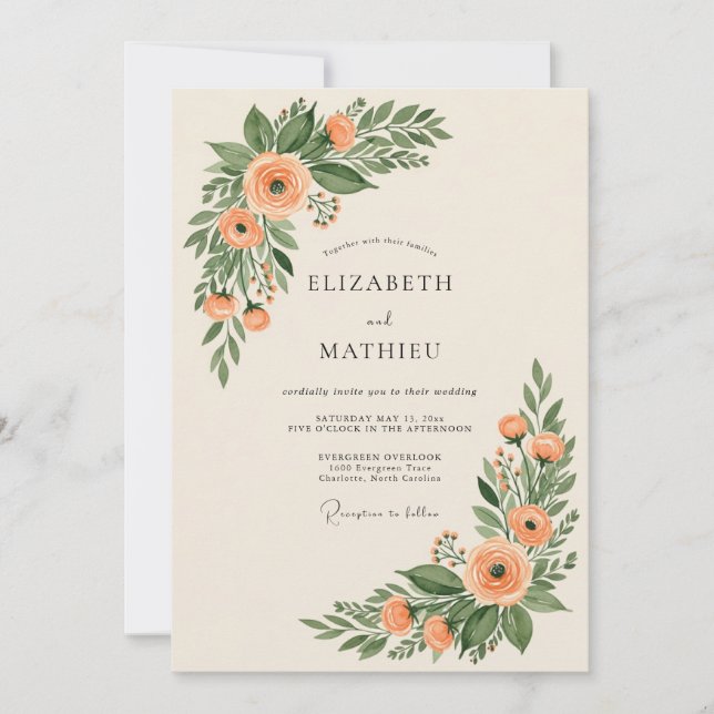 Peach Enchanting Botanical Wedding Inbjudningar (Framsida)