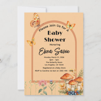 Peach Fall Woodland Butterfly Mushroom Baby Shower Inbjudningar