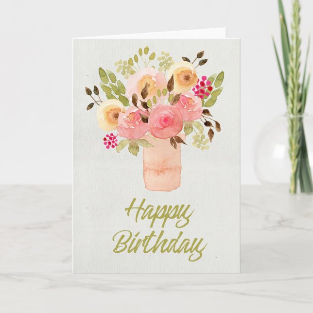 Peach Färg Watercolor Flowers Birthday Card Kort (Framsida)