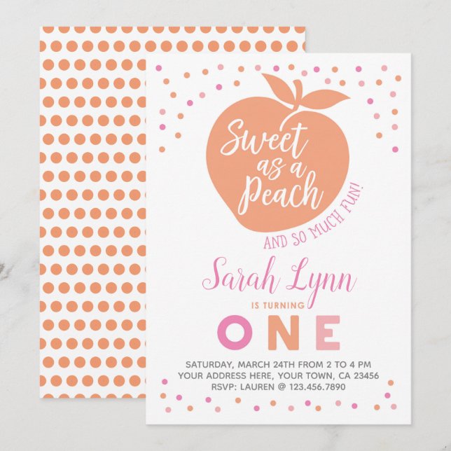 Peach First Birthday-inbjudan Inbjudningar (Fram/baksida)