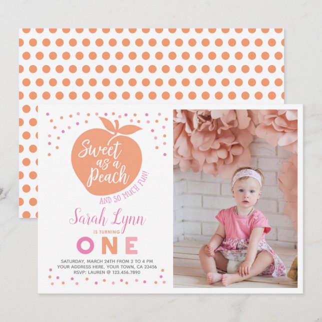 Peach First Birthday-inbjudan med foto Inbjudningar (Fram/baksida)