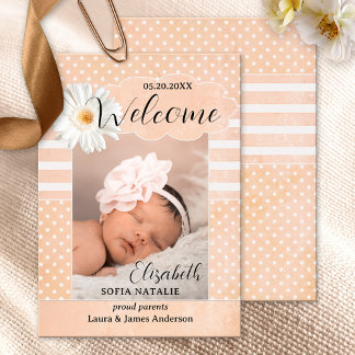 Peach Flicka Photo Birth-annons-kort Meddelande