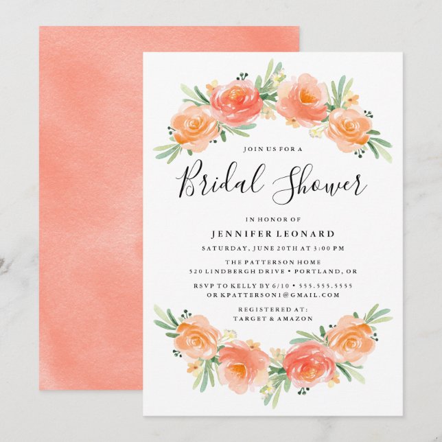 Peach Floral Garden | Bröllopsdusch-inbjudan Inbjudningar (Fram/baksida)