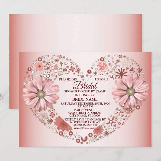 Peach Floral Heart Modern Bridal Shower Party Inbjudningar (Fram/baksida)