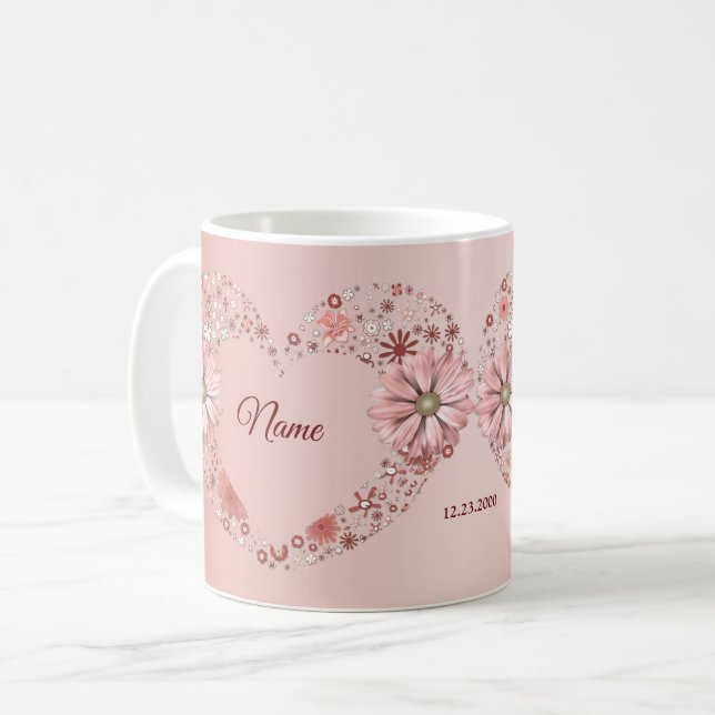 Peach Floral Heart Modern wedding Gift Kaffemugg (Framsida vänster)