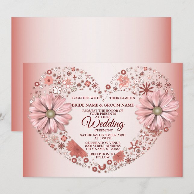 Peach Floral Heart Modern Wedding Inbjudningar (Fram/baksida)