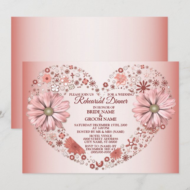Peach Floral Heart Modern Wedding Rehearsal Dinner Inbjudningar (Fram/baksida)