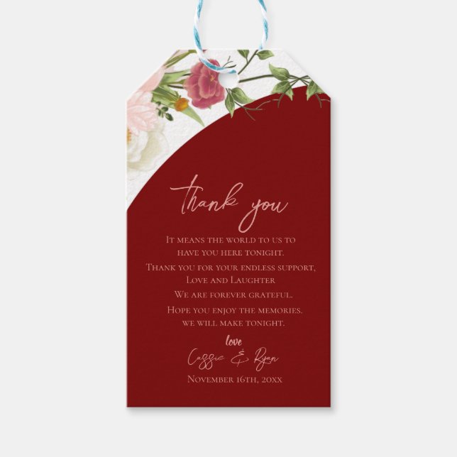 Peach Floral Red Arch Wedding Thank you Message Presentetikett (Framsidan)