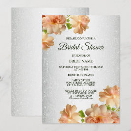 Peach Floral Silver Glitter Elegant Bridal Shower Inbjudningar