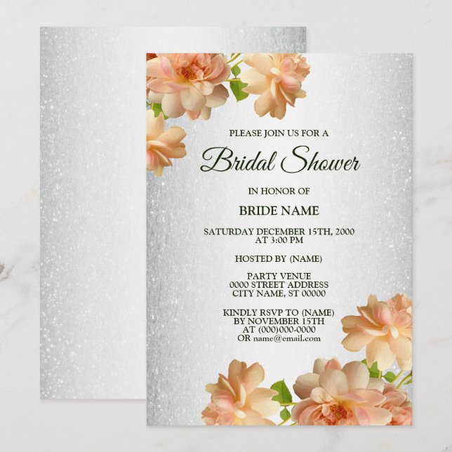 Peach Floral Silver Glitter Elegant Bridal Shower Inbjudningar (Fram/baksida)