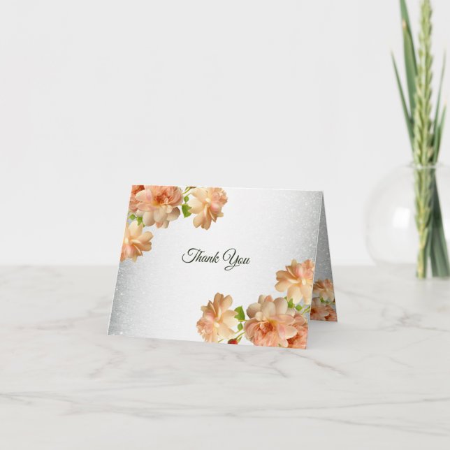 Peach Floral Silver Glitter Modern Wedding Party Tack Kort (Framsida)