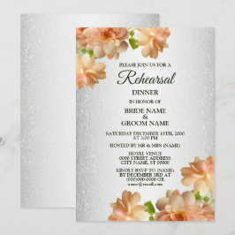 Peach Floral Silver Glitter Rehearsal Dinner Inbjudningar