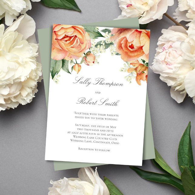 Peach Floral Top Border Elegant Script Wedding Inbjudningar (Romantic peach floral wedding design with soft watercolor blooms and elegant script for a timeless.)