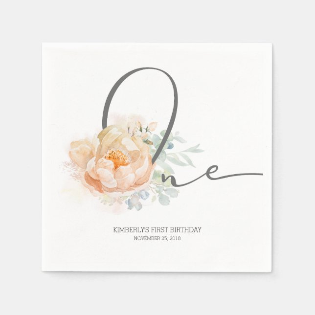 Peach Flower Cute 1:a födelsedag Party Pappersservett (Framsidan)