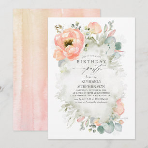 Peach Flowers and Greenery Elegant Birthday Inbjudningar