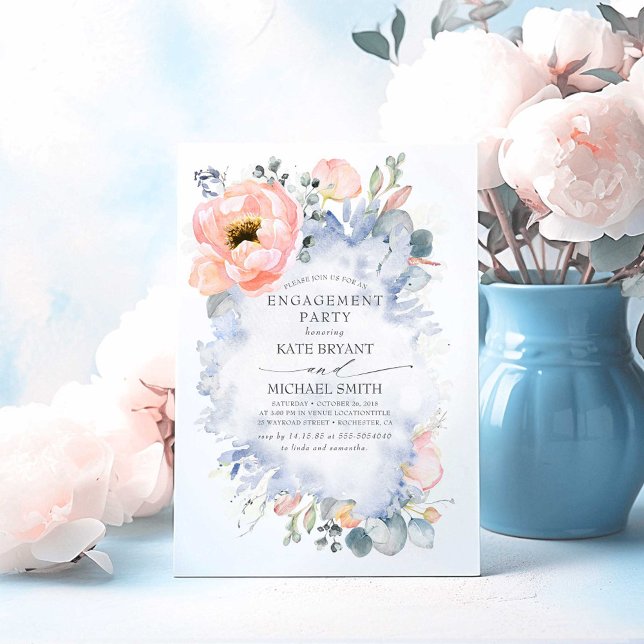 Peach Flowers Dusty Blue Elegant Förlovningsfest Inbjudningar (Dusty Blue Engagement Party Invitations)