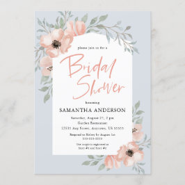 Peach Flowers Dusty Blue Handskriftlig Möhippa Inbjudningar