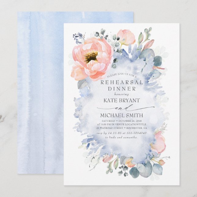 Peach Flowers Dusty Blue Modern Rehearsal Dinner Inbjudningar (Fram/baksida)