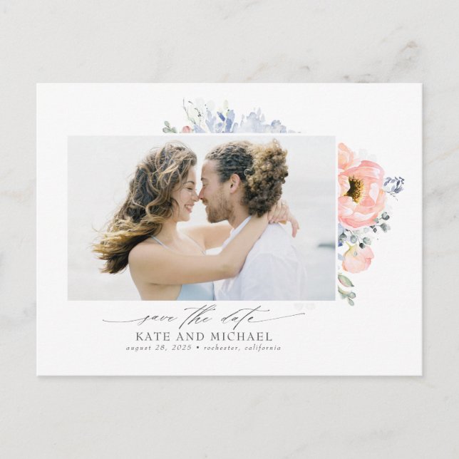 Peach Flowers Dusty Blue Spara datumfoto Meddelande Vykort (Framsida)