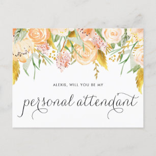 Peach Flowers Gold Foil be my Personal Attendant Inbjudan Vykort