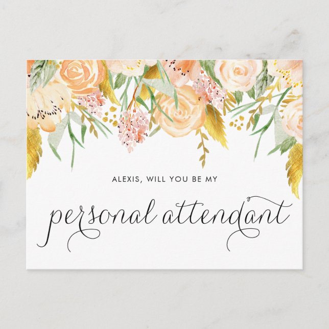 Peach Flowers Gold Foil be my Personal Attendant Inbjudan Vykort (Framsida)