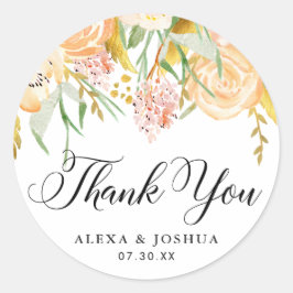Peach Flowers Gold Foil Foliage Bröllop Tack Runt Klistermärke