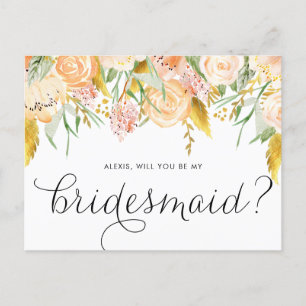 Peach Flowers Gold Foil, kommer du bli min bridesm Inbjudan Vykort