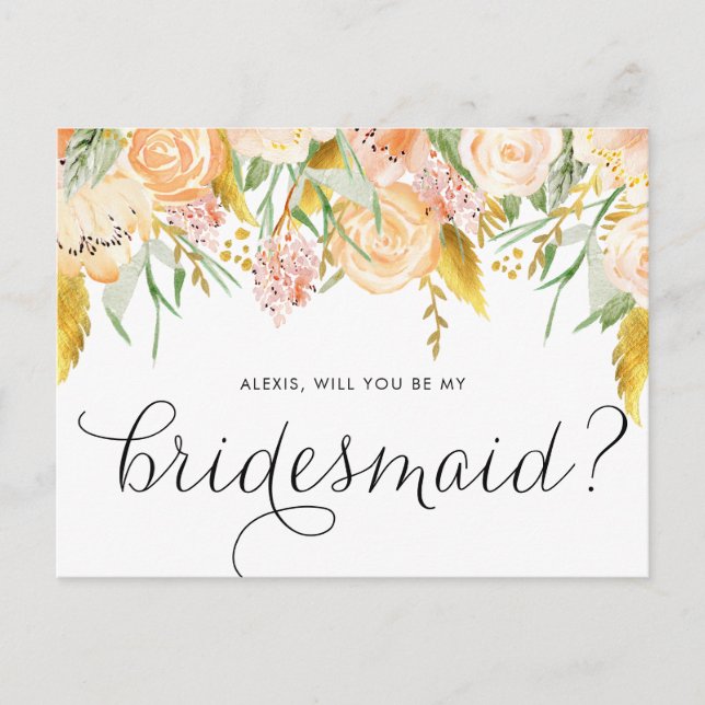Peach Flowers Gold Foil, kommer du bli min bridesm Inbjudan Vykort (Framsida)