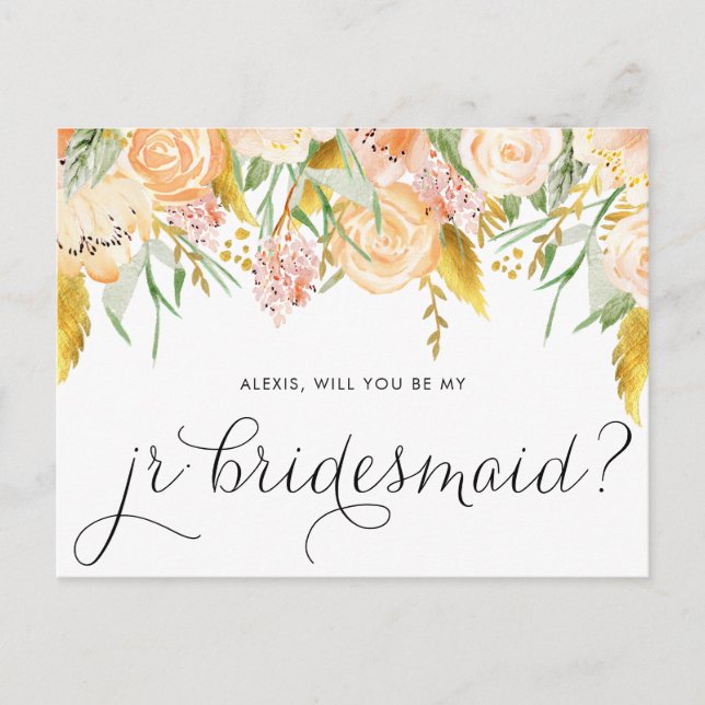 Peach Flowers Guld blir min Jr Bridesmaid Inbjudan Vykort (Framsida)