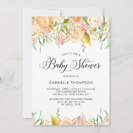 Peach Flowers & Guld Lövs Baby Shower-inbjudan Inbjudningar