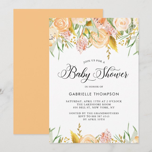 Peach Flowers & Guld Lövs Baby Shower-inbjudan Inbjudningar (Fram/baksida)