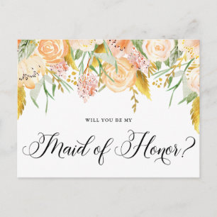 Peach Flowers Guld ska du vara min Maid of honor Inbjudan Vykort