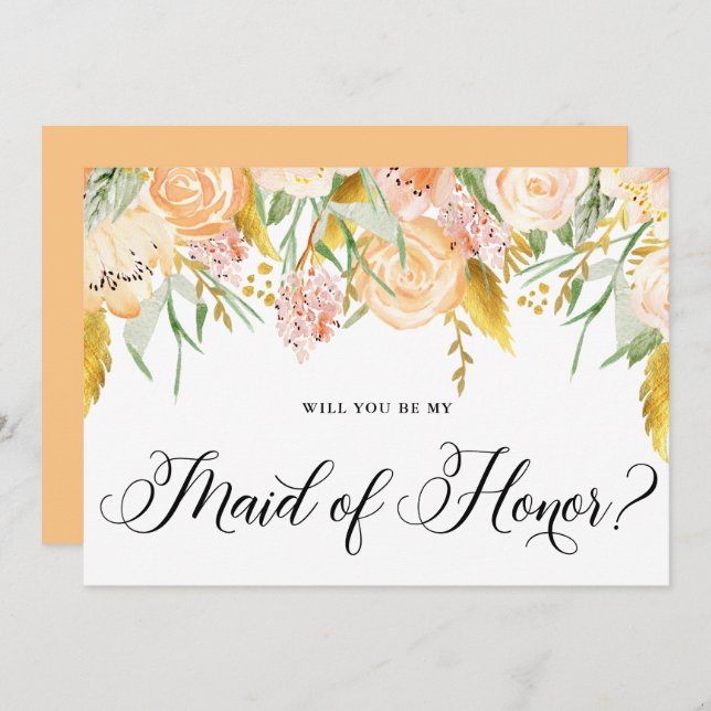 Peach Flowers Guld ska du vara min Maid of honor Inbjudningar (Fram/baksida)