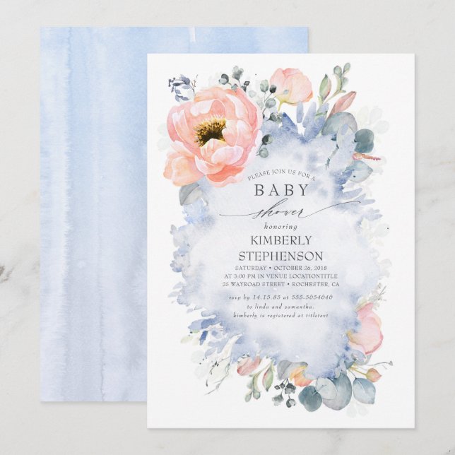 Peach Flowers Modern Dusty Blue Baby Shower Inbjudningar (Fram/baksida)
