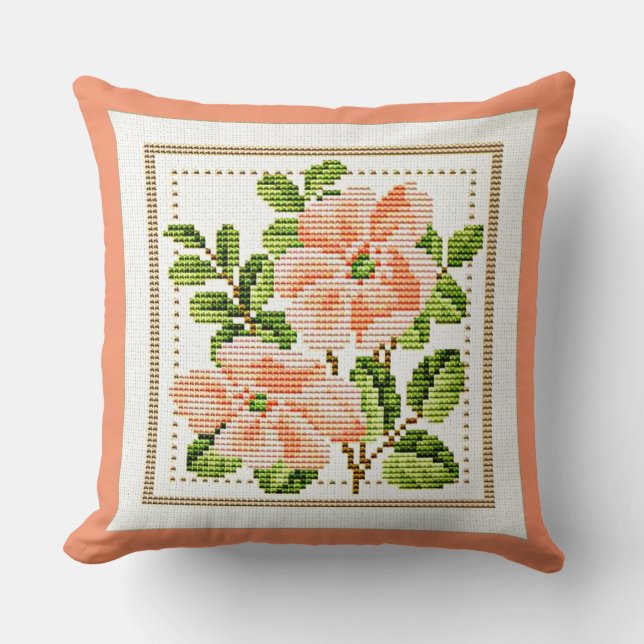 Peach Flowers Needlepoint Titta Land Vintage Kudde (Framsida)