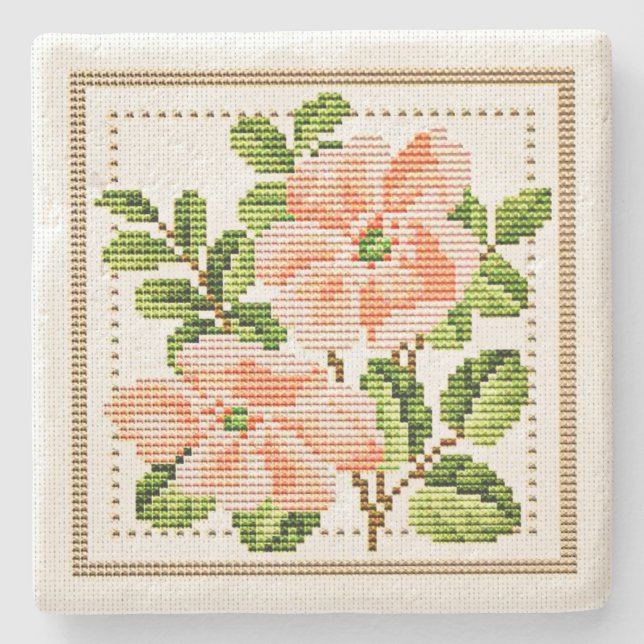 Peach Flowers Needlepoint Vintage Stil Underlägg Sten (Framsidan)