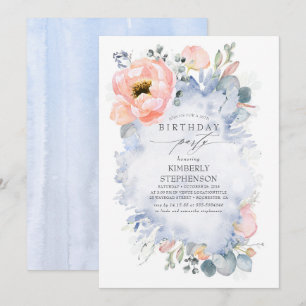 Peach Flowers och Greenery Dusty Blue Birthday Inbjudningar