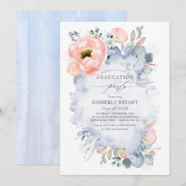Peach Flowers och Greenery Dusty Blue Studenten Inbjudningar