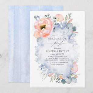 Peach Flowers och Greenery Dusty Blue Studenten Inbjudningar