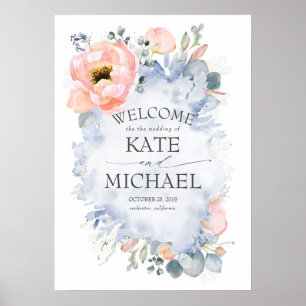 Peach Flowers och Greenery Dusty Blue Welcome Poster