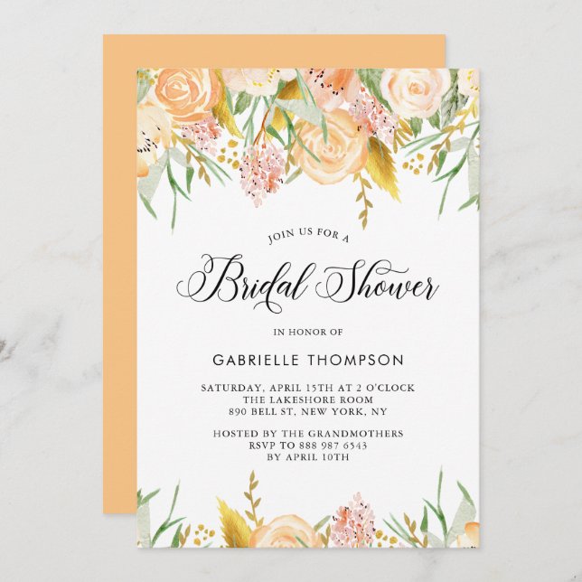 Peach Flowers och Guld Löv Möhippa Inbjudningar (Fram/baksida)