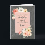 Peach Flowers Sister Birthday Card Kort<br><div class="desc">Söt och omtänksamt hälsningskort för din systers födelsedag med persikofärgad rosa och vit vår blommor,  rustik schalkboard mönster och handskriven text från stil.</div>