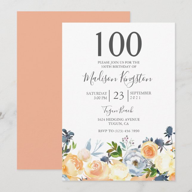Peach Flowers Söt 100:e Födelsedagsfest Inbjudan (Fram/baksida)