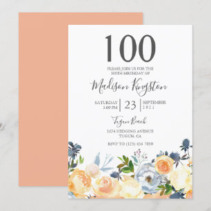 Peach Flowers Söt 100:e Födelsedagsfest Inbjudan