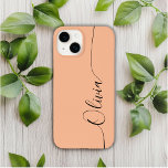 Peach Fuzz Black Elegant Calligraphy Script Namn<br><div class="desc">Persika Fuzz Elegant Black Calligraphy Script Anpassningsbar Personlig Namn iPhone 14 Smart Phone Case har en modern och enkel design för trendig och snyggt med din personlig namn i elegant-handskriven calligraphy-skripttypografi på en persikobakgrunden. Designad av ©Evco Studio www.zazzle.com/store/evcostudio</div>