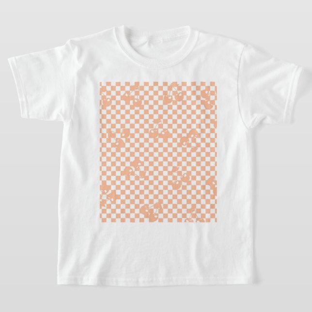 Peach Fuzz Cherry Gingham Mönster T Shirt (Laydown)