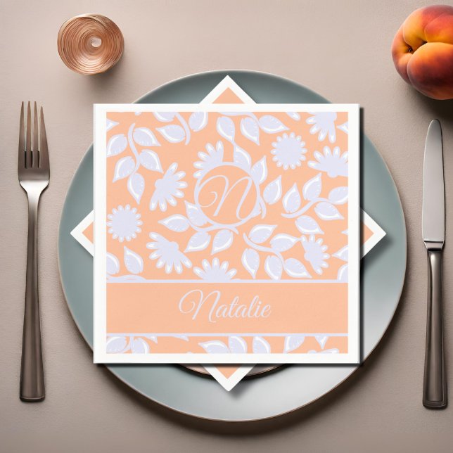 Peach Fuzz färg - blommönster - monogrammat Pappersservett (Skapare uppladdad)
