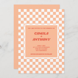 Peach Fuzz Red Checkered Gingham Pattern Wedding Inbjudningar