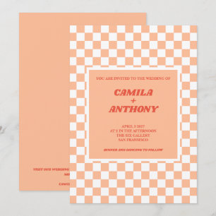 Peach Fuzz Red Checkered Gingham Pattern Wedding Inbjudningar